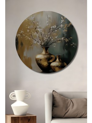 Teona Ahşap Altın Vazo ve Beyaz Çiçekler Yağlı Boya Görünümlü Modern Sanat Dekoratif Ahşap Tablo Yuvarlak Duvar Tablosu