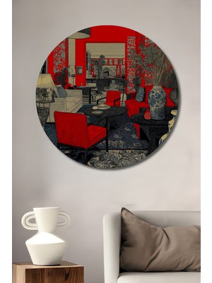 Teona Ahşap Modern Bohem Salon Kırmızısı Çiçek Desenli Yağlı Boya Görünümlü Ahşap Dekoratif Tablo Yuvarlak Duvar Tablosu