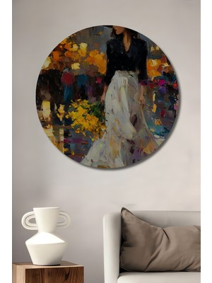 Teona Ahşap Yağlı Boya Görünümlü Şık Elbiseli Kadın Çiçek Buketi Dekoratif Ahşap Tablo Yuvarlak Duvar Tablosu