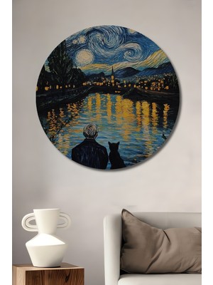 Teona Ahşap Yıldızlı Gece Manzarası Adam ve Kedi Ahşap Dekoratif Tablo Yuvarlak Duvar Tablosu