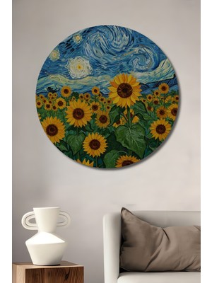 Teona Ahşap Ayçiçek Tarlası Üzerinde Yıldızlı Gece Yağlı Boya Görünümlü Ahşap Dekoratif Tablo Yuvarlak Duvar Tablosu