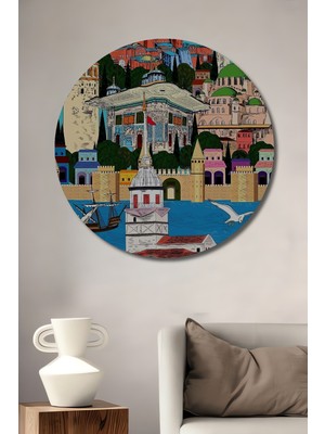 Teona Ahşap Istanbul Silüeti Renkli Karakalem Görünümlü Ahşap Dekoratif Tablo Yuvarlak Duvar Tablosu