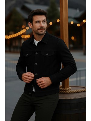 Comstar Erkek Mevsimlik Slim Fit Düğmeli Klasik Siyah Kot Ceket