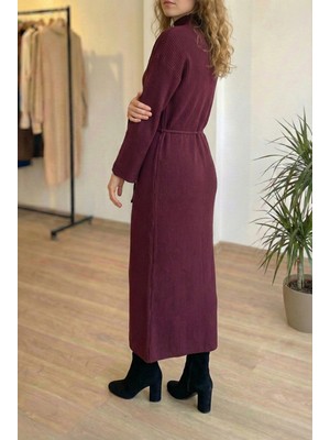 Niche Thread Volanlı Triko Tesettür Elbise - Bordo