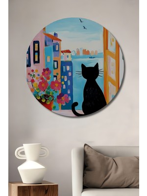 Teona Ahşap Siyah Kedi Manzarası Yağlı Boya Görünümlü Dekoratif Ahşap Tablo Yuvarlak Duvar Tablosu