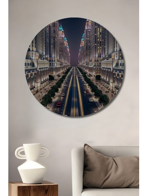 Teona Ahşap Işıklar Içindeki Şehir Işıltısı Yağlı Boya Görünümlü Dekoratif Ahşap Tablo Yuvarlak Duvar Tablosu