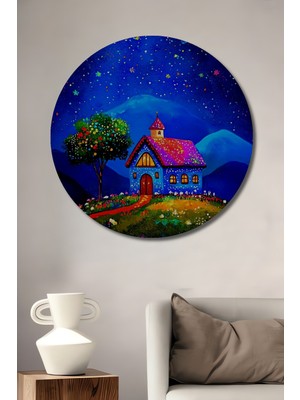 Teona Ahşap Rüya Evi Renkli Yıldızlar Altında Yağlı Boya Görünümlü Ahşap Dekoratif Tablo Yuvarlak Duvar Tablosu