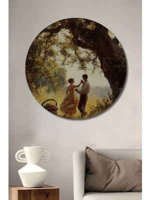 Teona Ahşap Aşk Dolu Anlar Yağlı Boya Görünümlü Dekoratif Ahşap Tablo Yuvarlak Duvar Tablosu