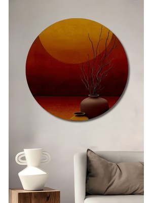 Teona Ahşap Modern Vazo ve Güneş Tasarımlı Sulu Boya Görünümlü Ahşap Dekoratif Tablo Yuvarlak Duvar Tablosu