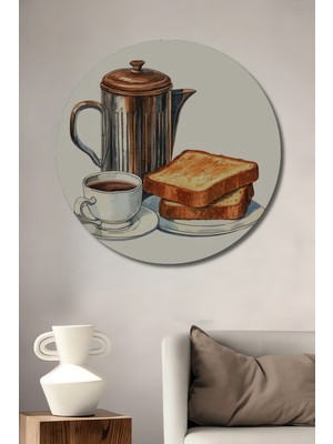 Teona Ahşap Suluboya Görünümlü Kahve ve Tost Ahşap Dekoratif Tablo Yuvarlak Duvar Tablosu