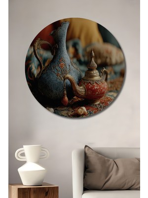 Teona Ahşap Oryantal Vazo ve Çaydanlık Yağlı Boya Görünümlü Ahşap Dekoratif Tablo Yuvarlak Duvar Tablosu