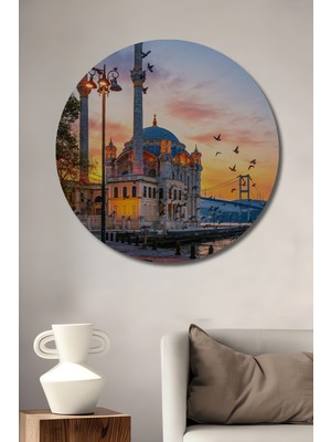 Teona Ahşap Görkemli Istanbul Boğazı Manzarası Sulu Boya Görünümlü Ahşap Dekoratif Tablo Yuvarlak Duvar Tablosu