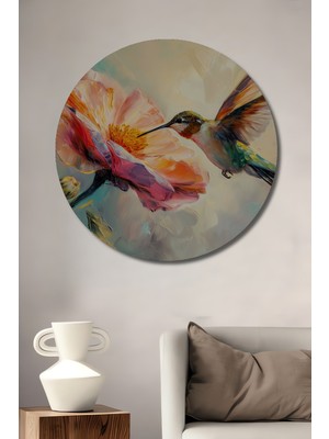 Teona Ahşap Muhteşem Kolibiri ve Pastel Çiçek Yağlı Boya Görünümlü Ahşap Dekoratif Tablo Yuvarlak Duvar Tablosu