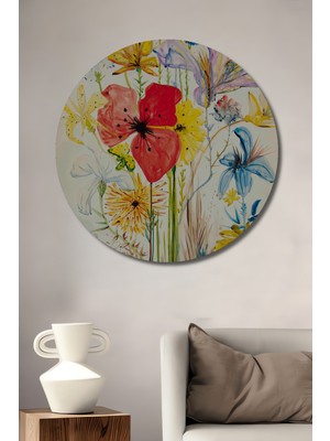 Teona Ahşap Canlı Renkler Çiçek Buketi Sulu Boya Görünümlü Dekoratif Ahşap Tablo Yuvarlak Duvar Tablosu