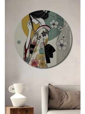 Teona Ahşap Japon Esinli Çiçek Desenli Geyşa Yağlı Boya Görünümlü Dekoratif Ahşap Tablo Yuvarlak Duvar Tablosu