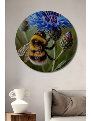 Teona Ahşap Arı ve Mavi Kantaron Yağlı Boya Görünümlü Ahşap Dekoratif Tablo Yuvarlak Duvar Tablosu