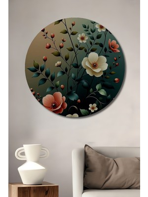 Teona Ahşap Bohem Tarzı Canlı Çiçekler Yağlı Boya Görünümlü Ahşap Dekoratif Tablo Yuvarlak Duvar Tablosu