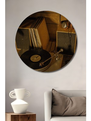 Teona Ahşap Retro Pikap ve Vintage Kulaklık Ahşap Dekoratif Tablo Yuvarlak Duvar Tablosu