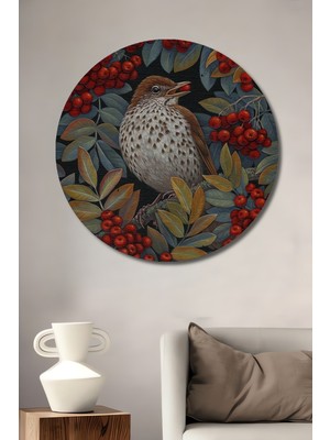 Teona Ahşap Kızıl Taneli Kuş Yağlı Boya Görünümlü Ahşap Dekoratif Tablo Yuvarlak Duvar Tablosu