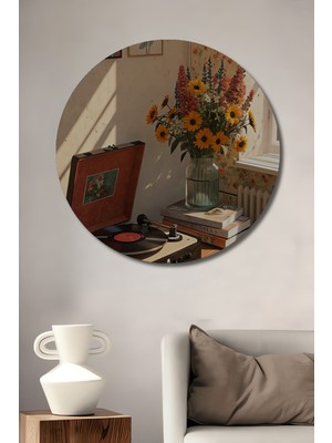 Teona Ahşap Retro Plak Çalar ve Çiçek Buketi Yağlı Boya Görünümlü Ahşap Dekoratif Tablo Yuvarlak Duvar Tablosu