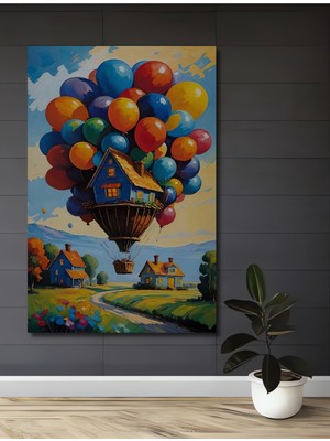 Teona Ahşap Rüya Gibi Ev Balon Yolculuğu Sulu Boya Görünümlü Modern Sanat Ahşap Dekoratif Ev,antre,salon Tablo