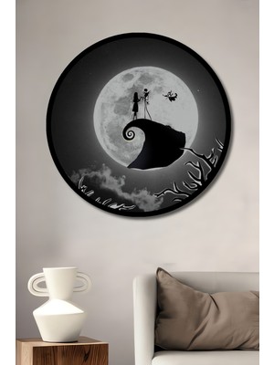 Teona Ahşap Jack Skellington ve Sally Dolunay Manzarası Yağlı Boya Görünümlü Dekoratif Ahşap Tablo Yuvarlak Duvar Tablosu
