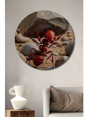 Teona Ahşap Kırmızı Karınca Dev Kaya Sanat Ahşap Dekoratif Tablo Yuvarlak Duvar Tablosu