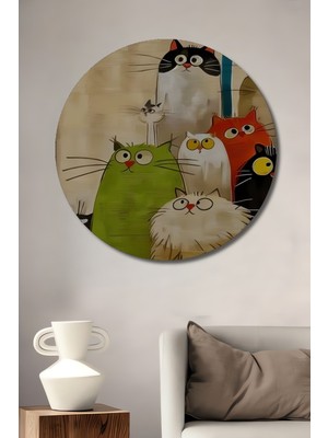Teona Ahşap Komik Kedi Sürprizi Sulu Boya Görünümlü Ahşap Tablo Yuvarlak Duvar Tablosu