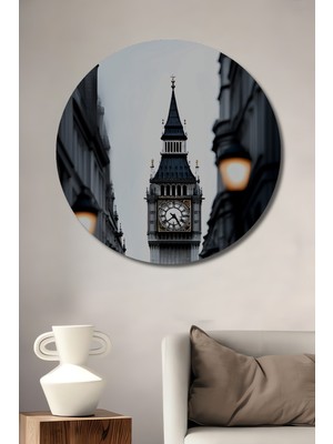Teona Ahşap Big Ben Londra Ikonik Saat Kulesi Yağlı Boya Görünümlü Ahşap Dekoratif Tablo Yuvarlak Duvar Tablosu