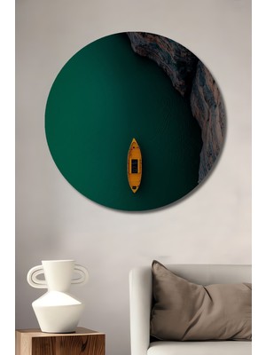 Teona Ahşap Sarı Sandal Yeşil Sularla Modern Sanat Dekoratif Ahşap Tablo Yuvarlak Duvar Tablosu