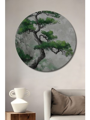 Teona Ahşap Yemyeşil Salkımsöğüt Görünümlü Soyut Sanat Dekoratif Ahşap Tablo Yuvarlak Duvar Tablosu