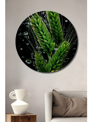 Teona Ahşap Canlı Yeşil Başak ve Su Damlaları Yağlı Boya Görünümlü Dekoratif Ahşap Tablo Yuvarlak Duvar Tablosu