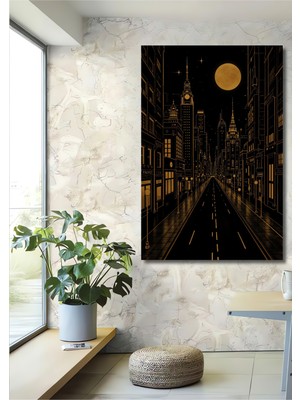Teona Ahşap Altın Gece Şehri Yağlı Boya Görünümlü Ahşap Dekoratif Ev,antre,salon,ofis,mutfak,yatak Odası Tablo