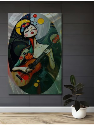 Teona Ahşap Kadın Gitarist Yağlı Boya Görünümlü Modern Sanat Ahşap Dekoratif Ev,antre,salon,ofis,mutfak Tablo