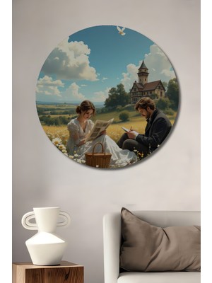 Teona Ahşap Kır Sahnesinde Romantik Anlar Yağlı Boya Görünümlü Dekoratif Ahşap Tablo Yuvarlak Duvar Tablosu