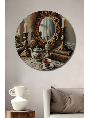 Teona Ahşap Romantik Çay Saati Yağlı Boya Görünümlü Ahşap Dekoratif Tablo Yuvarlak Duvar Tablosu