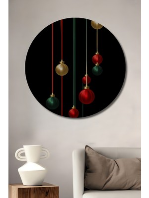 Teona Ahşap Kırmızı Yeşil Altın Yılbaşı Süsü Ahşap Dekoratif Tablo Yuvarlak Duvar Tablosu
