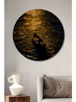 Teona Ahşap Altın Işıkta Tekne Gezisi Yağlı Boya Görünümlü Dekoratif Ahşap Tablo Yuvarlak Duvar Tablosu