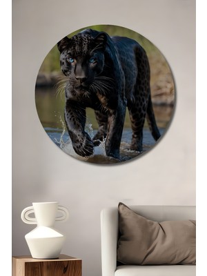 Teona Ahşap Gızemlı Siyah Panter Yağlı Boya Görünümlü Dekoratif Ahşap Tablo Yuvarlak Duvar Tablosu