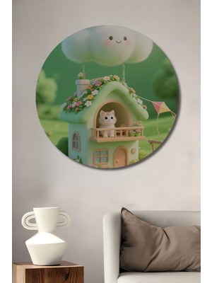 Teona Ahşap Sevimli Kedi Evi Bulut Temalı Dijital Baskı Ahşap Tablo Yuvarlak Duvar Tablosu