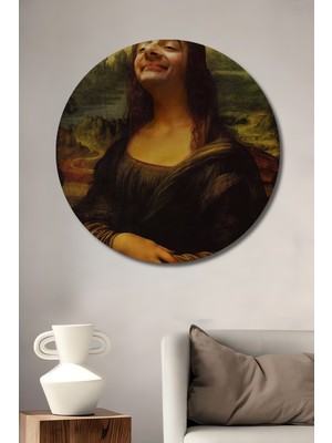 Teona Ahşap Mona Lisa Mr Bean Yağlı Boya Görünümlü Dekoratif Ahşap Tablo Yuvarlak Duvar Tablosu