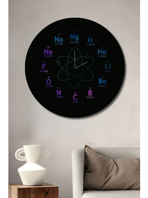 Teona Ahşap Atom Yapısı ve Periyodik Tablo Desenli Modern Sanat Ahşap Dekoratif Tablo Yuvarlak Duvar Tablosu