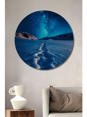 Teona Ahşap Işıltılı Kış Gecesi Ay Desenli Ahşap Dekoratif Tablo Yuvarlak Duvar Tablosu