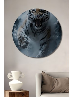 Teona Ahşap Öfkeli Kaplan Görünümlü Yağlı Boya Tablo Yuvarlak Duvar Tablosu