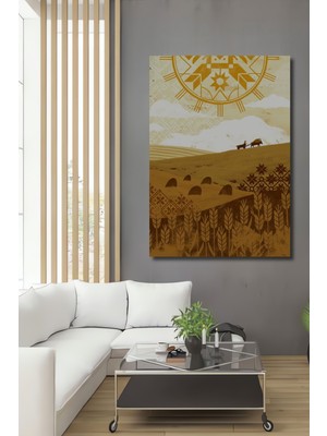 Teona Ahşap Güneş Desenli Bohem Tarım Manzarası Sulu Boya Görünümlü Ahşap Dekoratif Ev,antre,salon,ofis Tablo