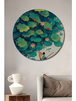 Teona Ahşap Nilüferler Arasında Sakin Bir Yolculuk Sulu Boya Görünümlü Ahşap Tablo Yuvarlak Duvar Tablosu