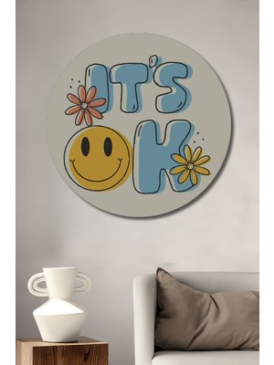 Teona Ahşap Retro Esprili Gülen Yüz Çiçekli Ahşap Tablo Yuvarlak Duvar Tablosu