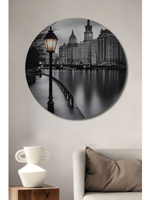 Teona Ahşap Büyük Şehir Silüeti Işıklarla Bordo Sanat Dekoratif Ahşap Tablo Yuvarlak Duvar Tablosu