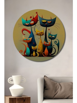 Teona Ahşap Soyut Kedi Ailesi Yağlı Boya Görünümlü Dekoratif Ahşap Tablo Yuvarlak Duvar Tablosu