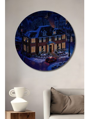 Teona Ahşap Tek Başına Evde Noel Işıkları Görünümlü Dekoratif Ahşap Tablo Yuvarlak Duvar Tablosu